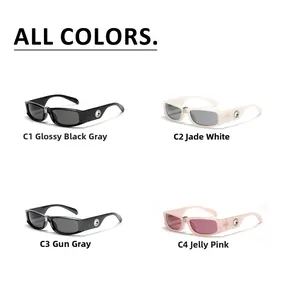 Detailed grid view of stylish rectangle sunglasses with thick frames in four colors