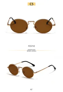 Detail view of gold round metal sunglasses with brown lenses from front and 45 degree angles