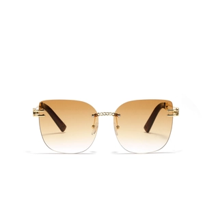 Frameless cat eye sunglasses with gradient lenses and woven chain gold metal bridge