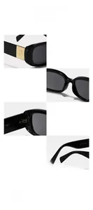 Macro detail of black rectangular sunglasses with golden G-logo hinge and model engraving
