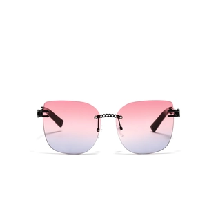 Retro rimless cat-eye sunglasses with pink-blue gradient lenses and metal chain bridge