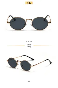 Detailed views of gold metal oval sunglasses with dark grey lenses in front and 45 degree angle
