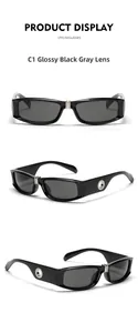 Detailed views of rectangle Y2K sunglasses with silver metal ring decor on the temples