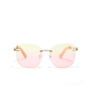 Frameless cat-eye sunglasses with yellow-pink gradient lenses and gold chain bridge