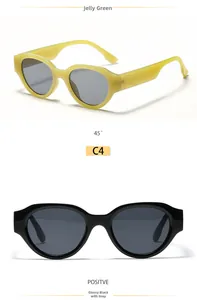 Detail view of retro oval cat eye sunglasses in transparent jelly green and glossy black