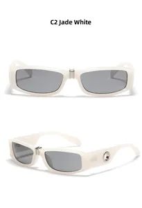 Detail view of jade white rectangular sunglasses with dark grey UV lenses and metal hinges