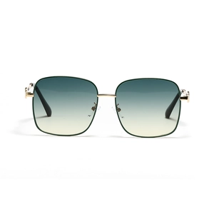 Fashionable oversized metal square sunglasses with green-yellow gradient lenses for women