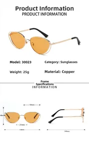 Detailed dimensions of cat-eye sunglasses featuring copper frames and orange lenses
