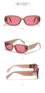 Macro detail of brown transparent frames with purple lenses and silver G-logo accents