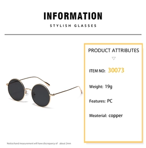 Détails techniques de lunettes de soleil rondes rétro avec monture en cuivre et poids 19g