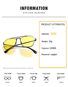 Detailed size chart for retro pilot sunglasses with metal frame and UV400 protection