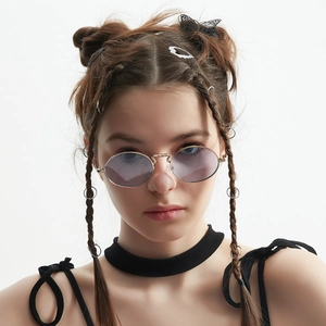 Retro small round metal sunglasses with purple tint lenses and Y2K boho hair accessories