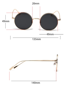Spécifications techniques détaillées des lunettes de soleil rondes en métal avec mesures