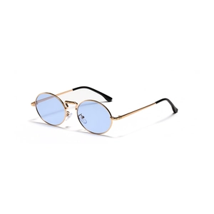 Retro small round metal sunglasses with light blue lenses and gold frames in front view