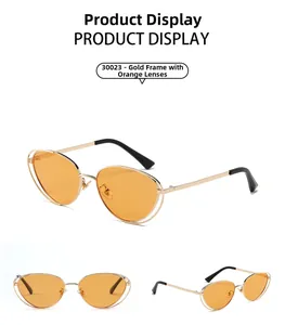 Detailed views of gold metal cat-eye sunglasses with orange lenses from multiple angles