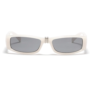 White rectangular Y2K sunglasses with dark lenses and silver metal nose bridge detail