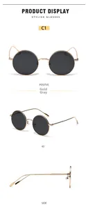 Trois vues de lunettes de soleil rondes en métal doré avec verres gris foncés