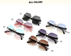 Detailed view of rimless diamond cut sunglasses in six gradient colors and metal bridge