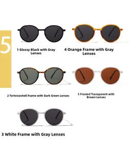 Matrix display of retro round sunglasses in black, tortoiseshell, white, and orange frames