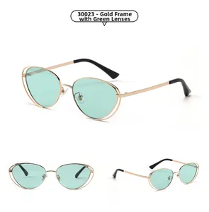 Three views of vintage cat eye sunglasses with gold metal frames and mint green lenses