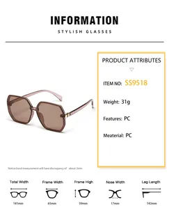 Detailed size specifications for oversized square sunglasses with dimensions and PC material