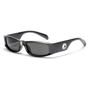 Futuristic Y2K rectangle sunglasses in black with silver hardware and punk metal accents