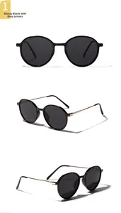Detailed views of round black sunglasses with gold metal temples and gray lenses
