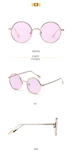 Trois angles de vue de lunettes de soleil rondes rétro en métal avec verres violets