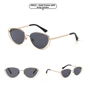 Detailed views of gold metal cat-eye sunglasses with gray lenses and soft silicone nose pads
