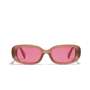 Retro square sunglasses with amber frames and pink purple tinted lenses for fashion styling