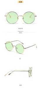 Vues détaillées de lunettes de soleil rondes en métal doré avec verres vert clair sous divers angles