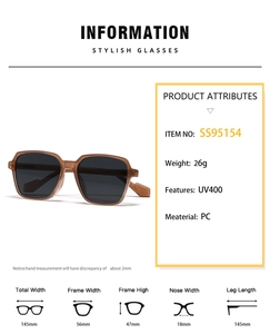 Brown square sunglasses detail with PC frame material and UV400 protection specifications