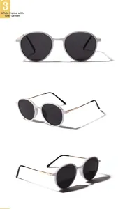 Three angles of white round sunglasses with gold metal temples and dark gray lenses