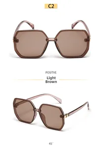 Front and 45-degree side views of light brown oversized square polygon sunglasses