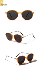 Three-view detail of round retro orange amber frame sunglasses with grey lenses
