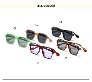 Detailed comparison of five large square sunglasses in various colors with metal rivets