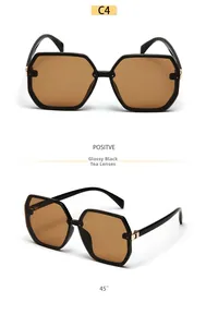 Detail view of large polygon sunglasses in shiny black frame with tea lenses