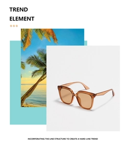 Detail of square beige sunglasses with tinted lenses on tropical beach backdrop