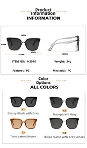 Detailed size chart and specifications for stylish beige square sunglasses with PC frame
