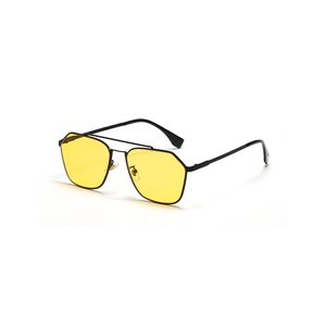 Retro square aviator sunglasses with black metal frame and transparent yellow lenses