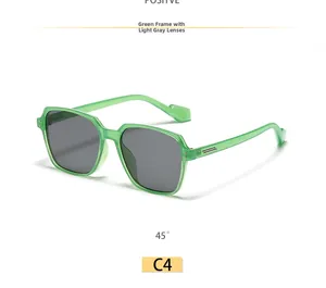 Detail of green square sunglasses frame with grey lenses and silver metal temple hinge