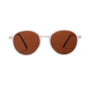 Retro round sunglasses with translucent matte white frame and dark amber lenses for unisex