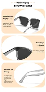 Detail view of transparent grey sunglasses with precise nose pads and metal hinges