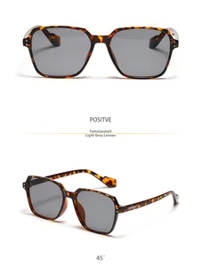 Front and 45-degree angle views of tortoiseshell square sunglasses with light gray lenses