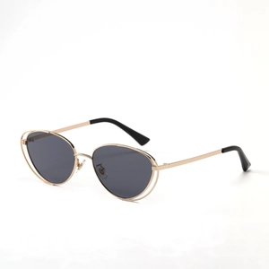 Cat eye punk metal sunglasses with double frame and dark grey lenses for women