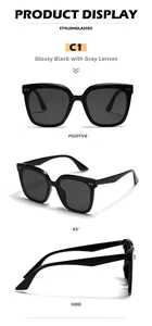 Detail view of glossy black square sunglasses with grey polarized lenses and silver accents