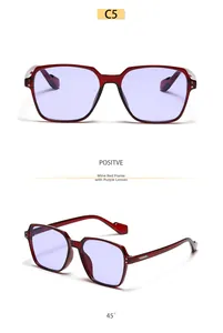 Detailed views of wine red square sunglasses with purple lenses and metal accents