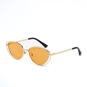 Retro punk cat eye metal sunglasses with double frame and orange round lenses