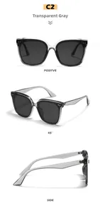 Three views of transparent grey square sunglasses showing front, side and 45-degree angle