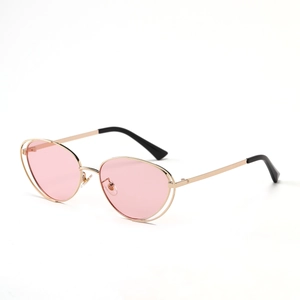 Retro metal punk cat-eye sunglasses with gold double frame and pink tinted lenses